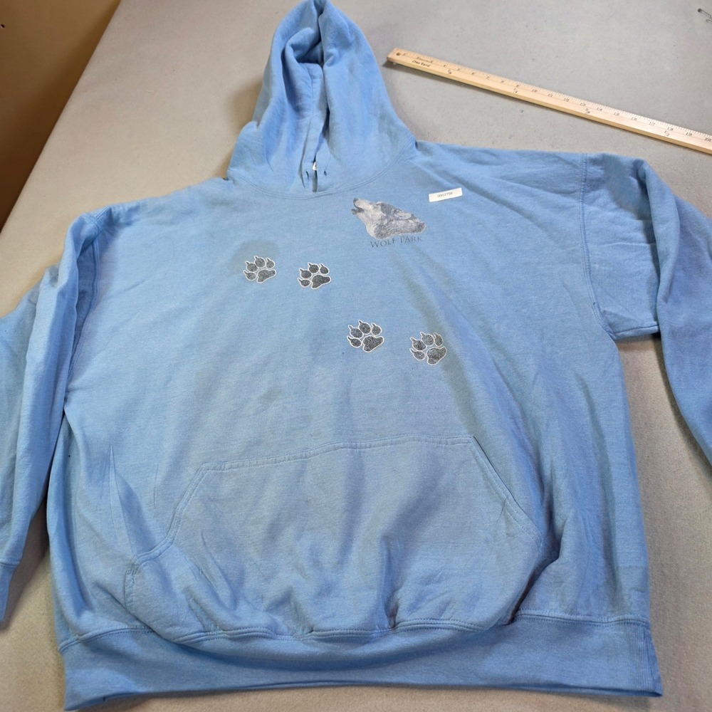Gildan Heavy Blend Wolf Park Hoodie Blue Distressed Graphic Pullover Mens XL